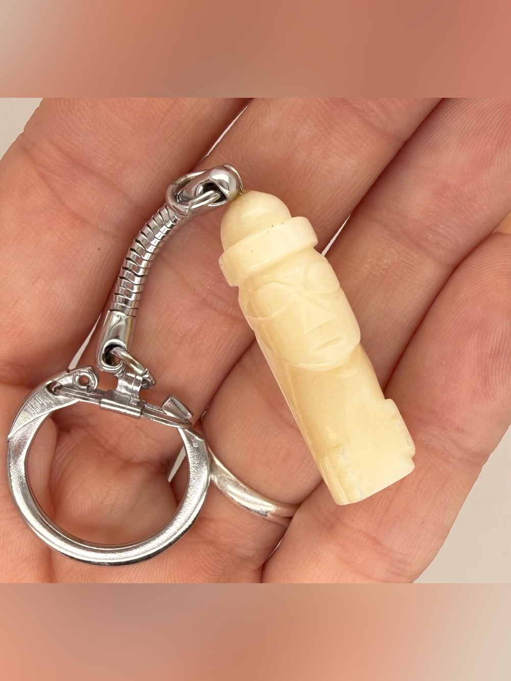 Mother of Pearl Carved Cream Tiki Keychain with Silver-Tone Ring